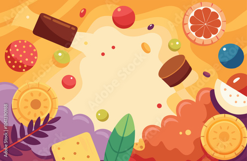 Colorful autumn-themed background with festive desserts and leaves for seasonal designs