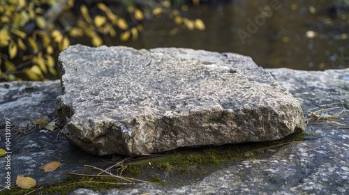 flat stone podium on a rock platform serves as a stylish showcase against a backdrop of verdant forest scenery