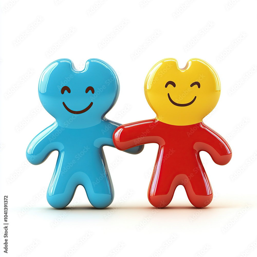 Two cute cartoon figures holding hands, one is blue and the other is red and yellow with smiley faces Two cute cartoon figures holding hands, one is blue and the other is red and yellow with smiley faces