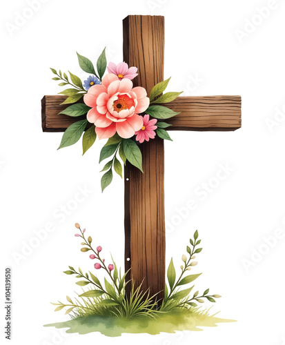 Watercolor Easter Cross. Spring Pink Floral Arrangements. Baptism Crosses DIY Invitation. Greenery Easter clip art. Holy Spirit, Religious, hand drawn. Wooden cross