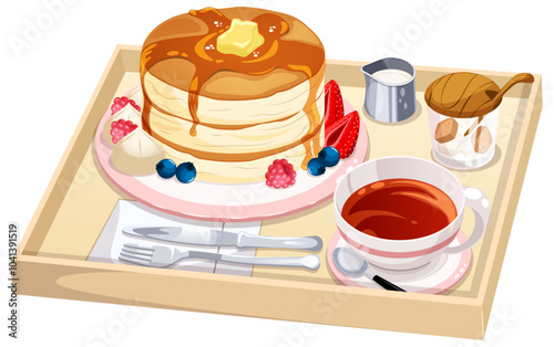 Breakfast Tray with Pancakes and Tea - Anime Style Vector Art