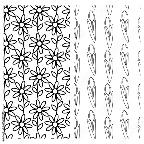 Outline hand drawn abstract flowers and tulips Seamless pattern. Spring background texture Set of 2