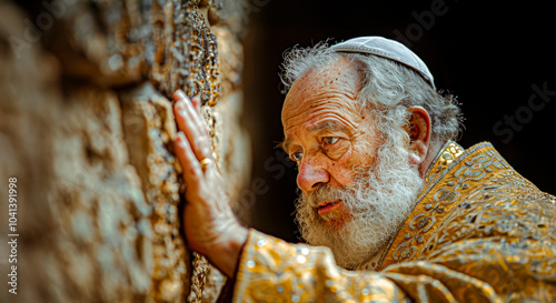 Wailing Wall Prayer: An elderly man in traditional Jewish garb, with a long white beard and a kippah, stands in prayer at the Western Wall in Jerusalem. He touches the ancient stones with his hand. photo