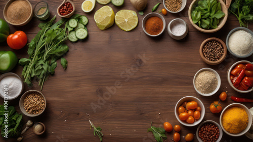 A neatly arranged flat lay of fresh cooking ingredients on a rustic wooden table, including vegetables, herbs, spices, and utensils