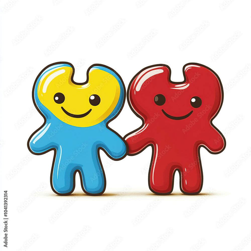 Two cute cartoon figures holding hands, one is blue and the other is red and yellow with smiley faces Two cute cartoon figures holding hands, one is blue and the other is red and yellow with smiley faces