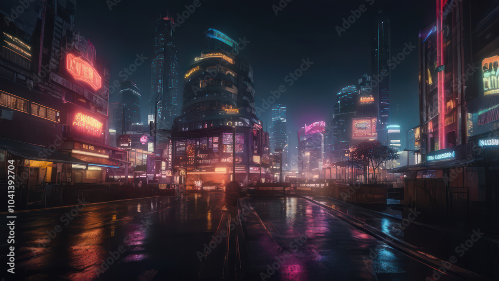 Fototapeta premium A moody night cityscape showcasing the vibrant neon lights of buildings and signs, creating a futuristic and urban atmosphere