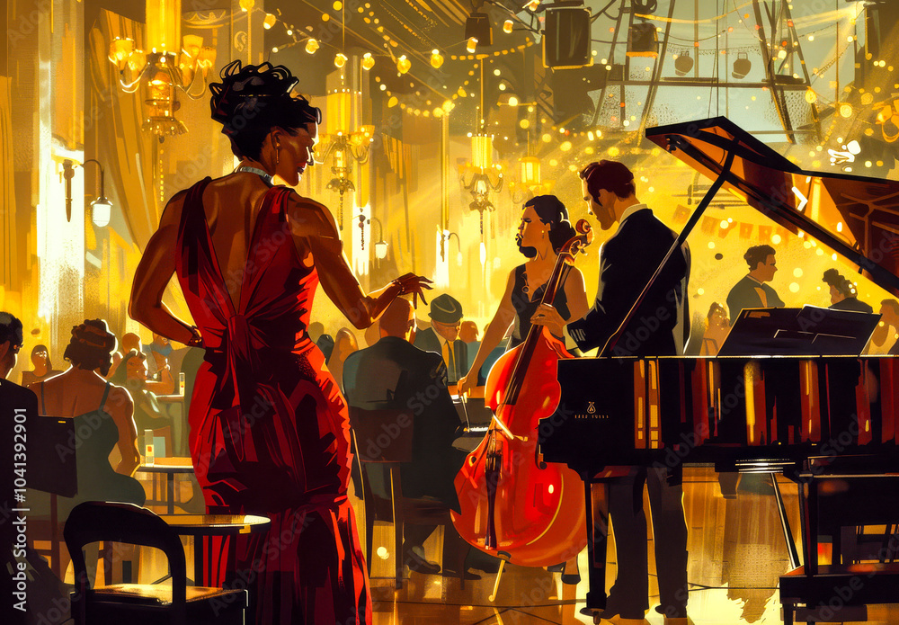 Fototapeta premium Red Dress, Grand Ballroom: A captivating scene of elegance and sophistication. A woman in a vibrant red gown stands amidst a lively ballroom.