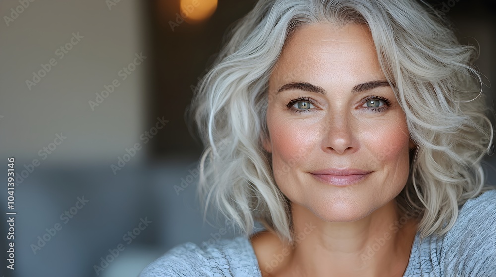 Mature woman with gray curly hair sitting comfortably on a cozy sofa smiling gently at the in a relaxed and inviting house setting Mature woman with gray curly hair sitting comfortably on a cozy sofa smiling gently at the in a relaxed and inviting house setting