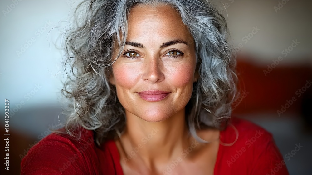 A happy middle aged woman with curly gray hair sits comfortably on a soft sofa smiling warmly at the in a cozy inviting home setting radiating a sense of contentment and serenity A happy middle aged woman with curly gray hair sits comfortably on a soft sofa smiling warmly at the in a cozy inviting home setting radiating a sense of contentment and serenity