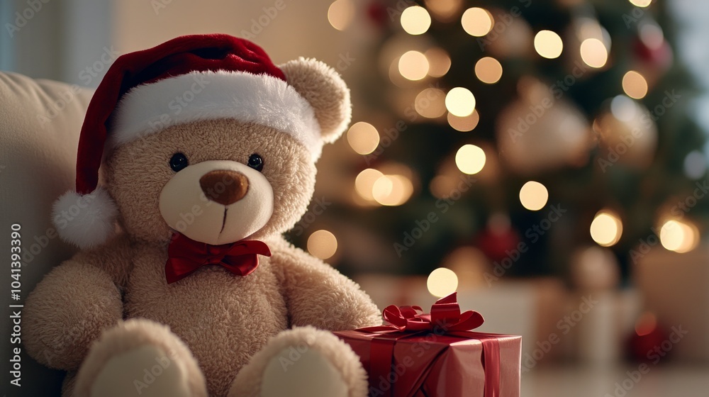 A plush teddy bear in a Santa hat sits with a red bow-tied present, delightfully illuminated by warm Christmas lights and festive decorations. A plush teddy bear in a Santa hat sits with a red bow-tied present, delightfully illuminated by warm Christmas lights and festive decorations.