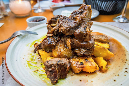 Lamb Tsigaristo, traditional cretan meal, closeup.