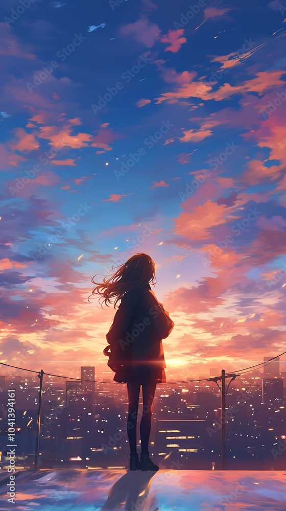 Fototapeta premium Anime girl standing on a rooftop at golden hour, the wind tousling her hair as she watches the sunset, the city lights beginning to flicker on below, the sky awash with warm pink and orange hues,