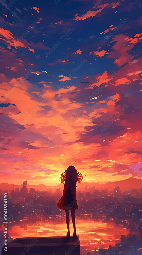Anime girl standing on the edge of a rooftop at sunset, her hair flowing dramatically in the wind, a vast city below illuminated by the fading light, the sky glowing with vibrant oranges, reds, Anime girl standing on the edge of a rooftop at sunset, her hair flowing dramatically in the wind, a vast city below illuminated by the fading light, the sky glowing with vibrant oranges, reds,