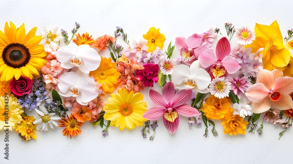 Minimalist composition of various blooming flowers including orchids, lilies, and sunflowers against pure white, perfect for a clean floral banner Minimalist composition of various blooming flowers including orchids, lilies, and sunflowers against pure white, perfect for a clean floral banner