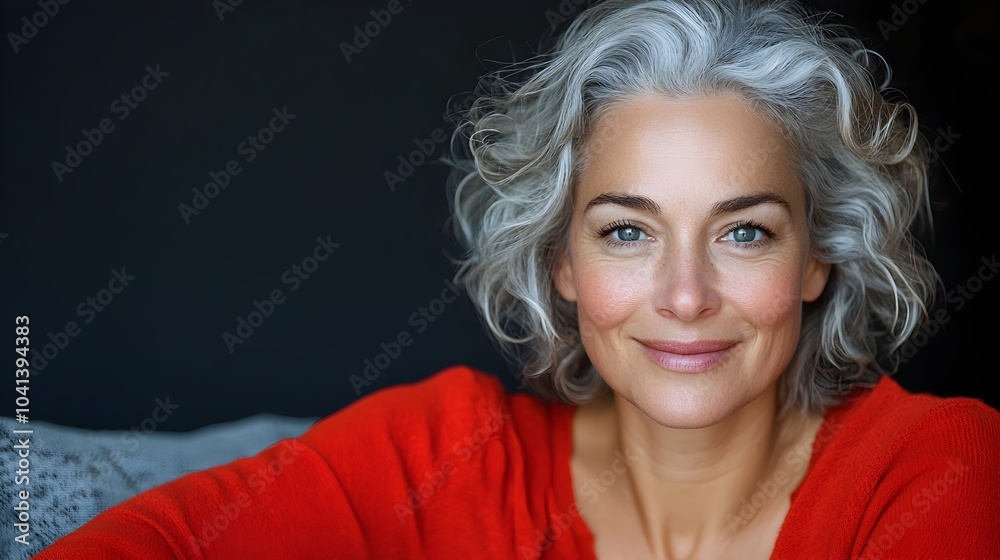 Cheerful and Warm Portrait of a Smiling Middle Aged Woman with Curly Gray Hair Sitting Comfortably on a Cozy Sofa in a Relaxing Living Room Environment Cheerful and Warm Portrait of a Smiling Middle Aged Woman with Curly Gray Hair Sitting Comfortably on a Cozy Sofa in a Relaxing Living Room Environment