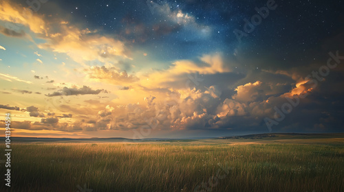 Beautiful sunset over a serene meadow with a starry sky.