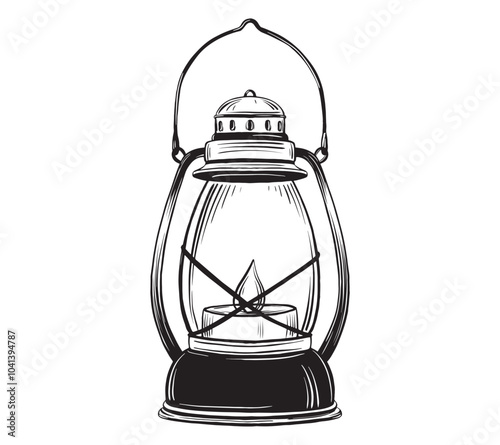 Kerosene lantern in hand drawn doodle style. Tourist lamp Vector illustration in linear drawing style for adventure or camping on isolated background. Etching of luggage for tourism trip or hiking.
