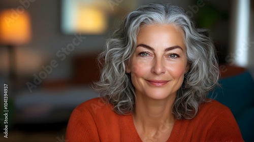 Smiling and friendly elderly woman with gray curly hair sitting comfortably on a couch in a cozy and inviting living room environment