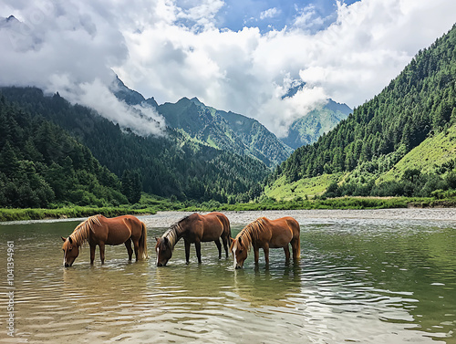  Three horses drink water by the river, with green mountains and forests in the background. 