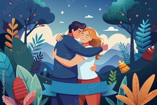 Romantic couple embracing in a whimsical forest setting for card design