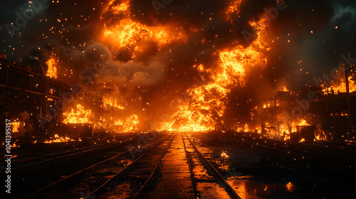 Photography Catastrophic inferno engulfing a city in chaotic destruction and mayhem,with raging fires,billowing smoke,and structures collapsing in a cataclysmic explosion of flames and debris
