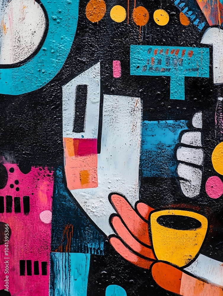 Naklejka premium Yellow, red and green oil colors. The presence of a cup of coffee in the oil painting