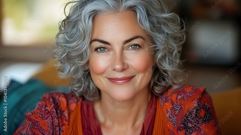 Mature woman with curly gray hair smiling warmly as she relaxes on a cozy sofa in a comfortable living room radiating a sense of contentment and tranquility Mature woman with curly gray hair smiling warmly as she relaxes on a cozy sofa in a comfortable living room radiating a sense of contentment and tranquility