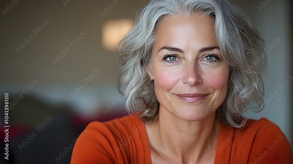 Smiling Mature Woman with Gray Curls Sitting on Sofa in Relaxed Cozy Living Room Setting Smiling Mature Woman with Gray Curls Sitting on Sofa in Relaxed Cozy Living Room Setting