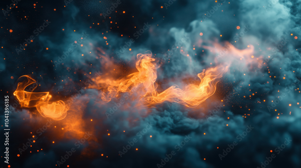 Ethereal glowing flames swirl through dark clouds, creating mystical atmosphere Ethereal glowing flames swirl through dark clouds, creating mystical atmosphere