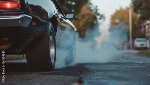 Black classic car doing a burnout with smoke coming from the tires. photo