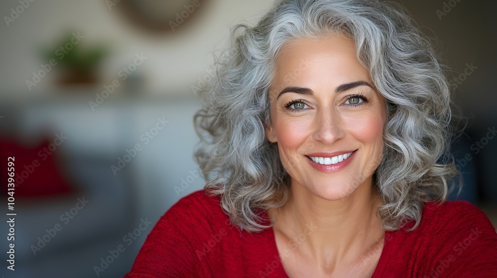 Warm and inviting portrait of a smiling mature woman in her 50s with gray curly hair comfortably seated on a sofa in a cozy and well decorated living room setting Warm and inviting portrait of a smiling mature woman in her 50s with gray curly hair comfortably seated on a sofa in a cozy and well decorated living room setting