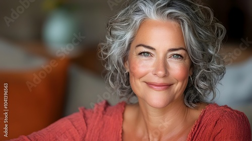 Cheerful and content elderly woman with gray curly hair sitting on a cozy comfortable couch in a warm and welcoming living room setting smiling at the