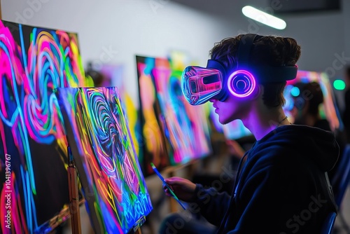A futuristic art class where students paint with digital brushes in virtual reality, Holographic effects, Neon colors, Digital painting