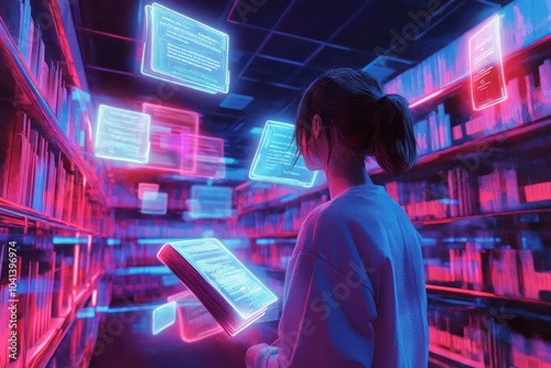 A high school student in a modern library with floating holographic books and digital notes, Scifi, Soft neon light, Watercolor