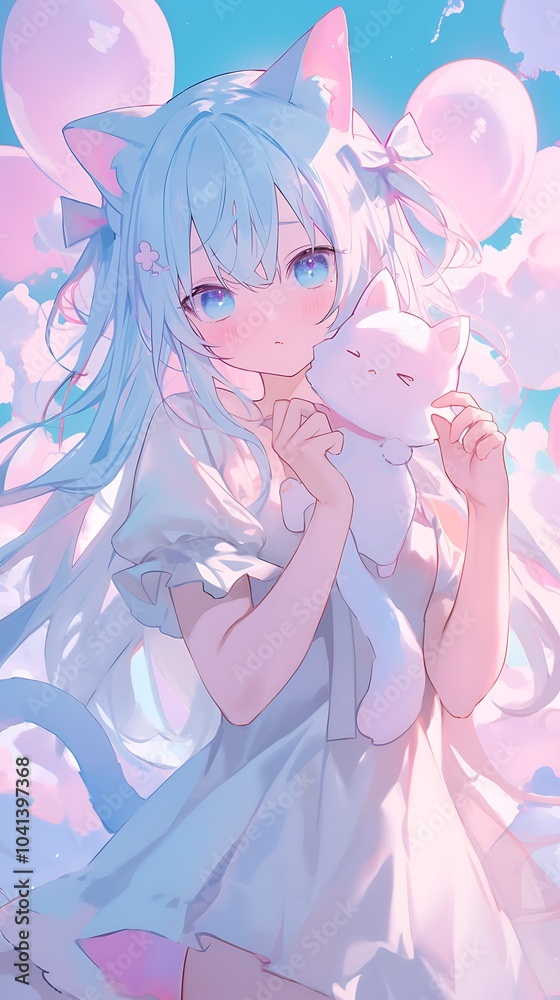 Playful anime girl with cat ears, standing on a bed of pastel-colored clouds, her eyes glowing with excitement, the soft hues of pink and baby blue clouds wrapping around her, her tail swishing, Playful anime girl with cat ears, standing on a bed of pastel-colored clouds, her eyes glowing with excitement, the soft hues of pink and baby blue clouds wrapping around her, her tail swishing,