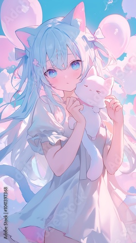 Playful anime girl with cat ears, standing on a bed of pastel-colored clouds, her eyes glowing with excitement, the soft hues of pink and baby blue clouds wrapping around her, her tail swishing,