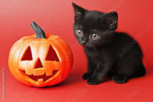 Halloween cat and pumpkin on orange background.