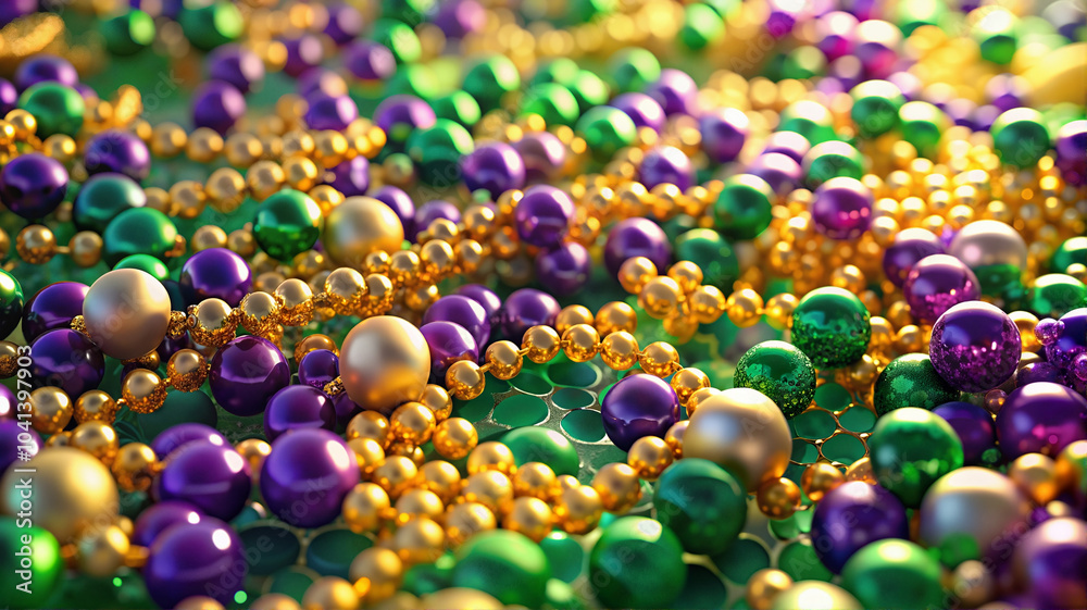 Purple, Green, and Gold Mardi Gras Beads Spread Out Purple, Green, and Gold Mardi Gras Beads Spread Out