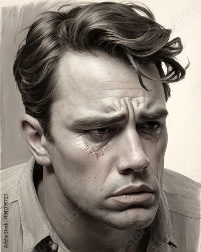 Portrait of a man displaying sadness, with downturned lips and teary eyes reflecting deep emotion photo