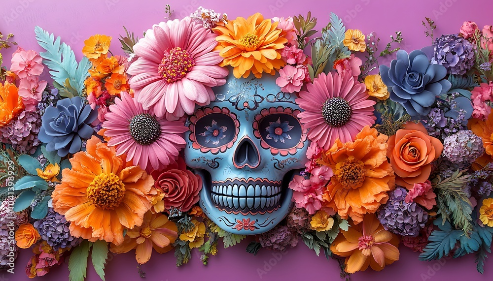a blue skull with flowers on it
a blue skull with flowers on it