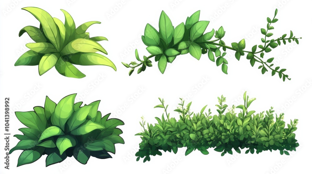 Cartoon Style Green Foliage Bushes for Illustration