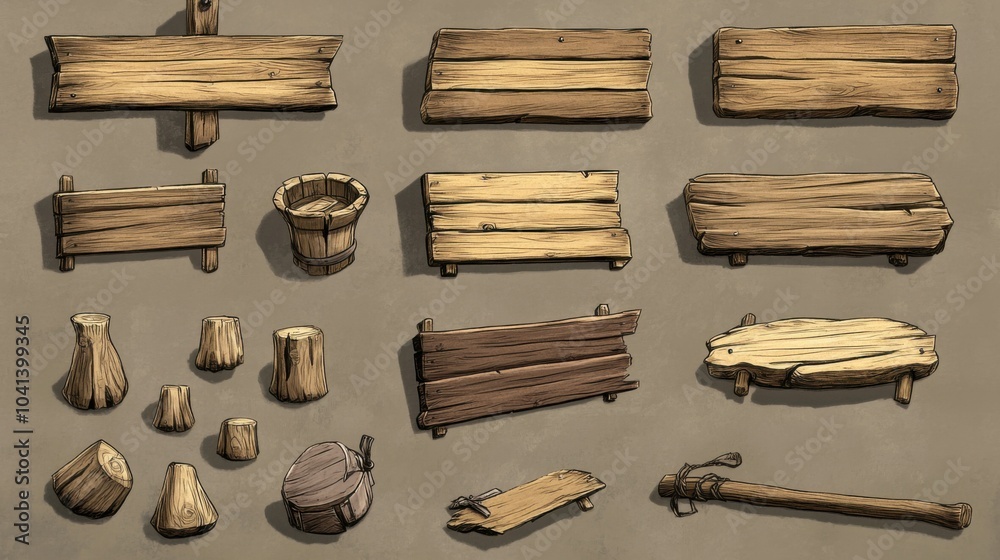 Cartoon Wooden Planks and Buckets Isolated Style Collection Cartoon Wooden Planks and Buckets Isolated Style Collection