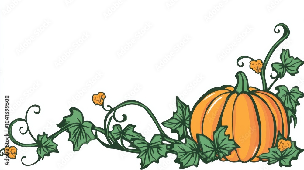 Hand-Drawn Pumpkin with Green Vines in Cartoon Style