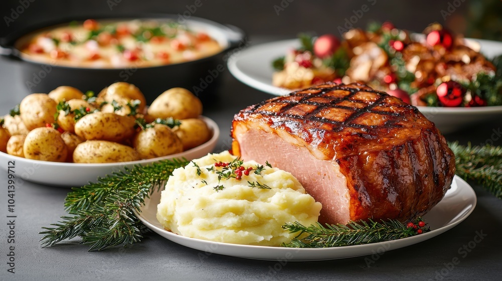 Delicious holiday feast with ham, mashed potatoes, and festive sides. Delicious holiday feast with ham, mashed potatoes, and festive sides.