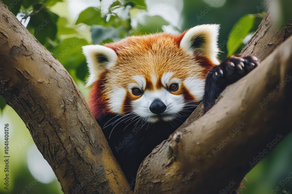 Adorable red panda nestled in a tree. Adorable red panda nestled in a tree.