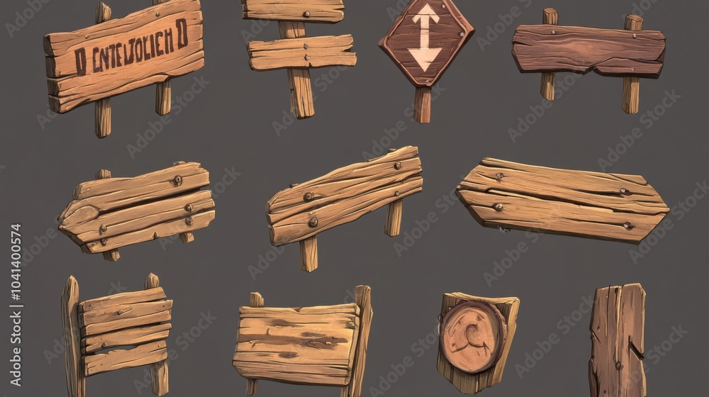 Wooden Signboards in Cartoon Style on Isolated Background