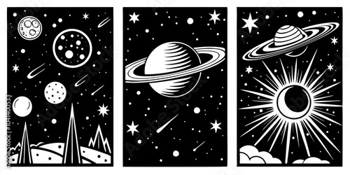 Mystical cosmic illustrations featuring celestial bodies and planetary scenes for space-themed designs