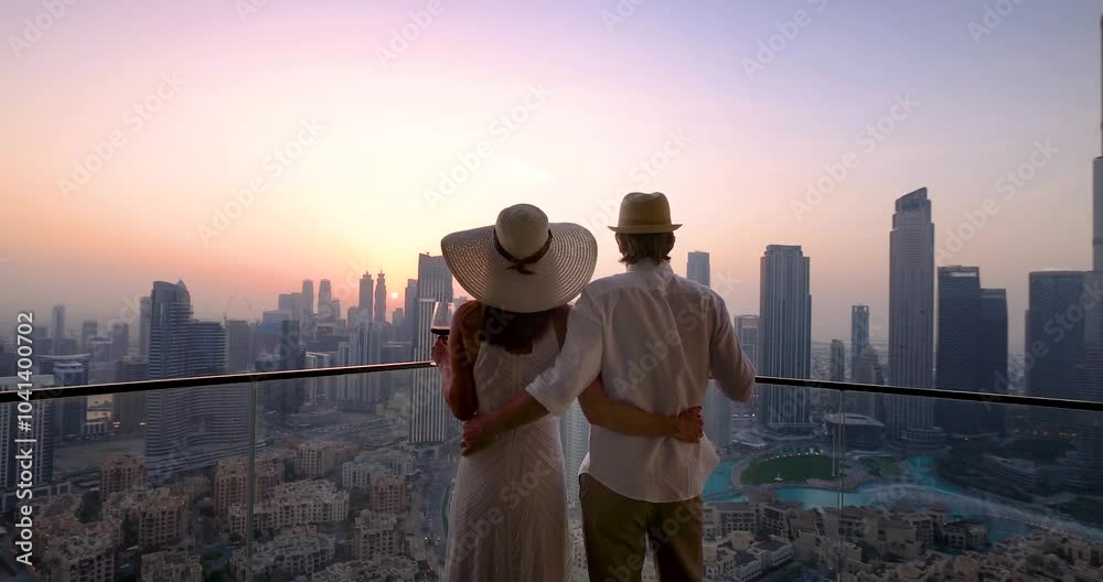 A hugging tourist couple enjoys the romatic sunset behind the skyline of Downtown Dubai, UAE