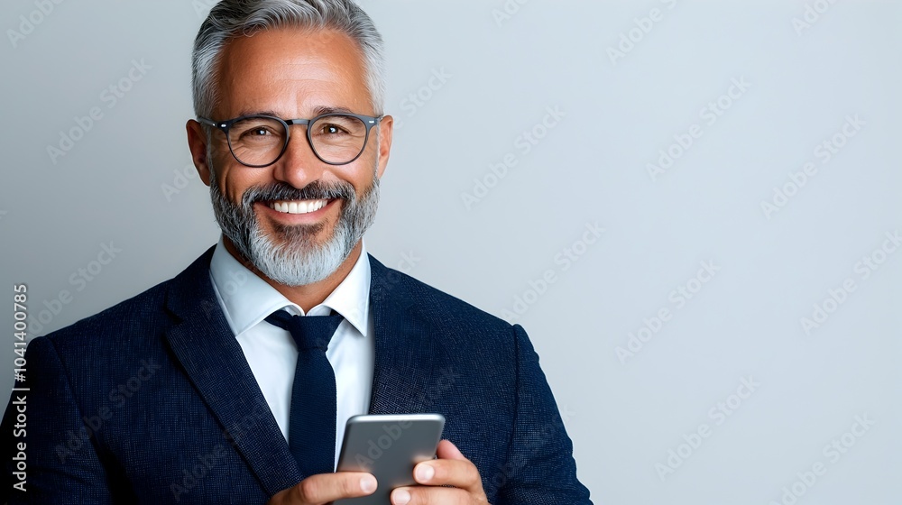 Confident Middle Aged Businessman Smiling While Using Mobile Phone or Smartphone on Plain White Background Successful Corporate Executive Manager Confident Middle Aged Businessman Smiling While Using Mobile Phone or Smartphone on Plain White Background Successful Corporate Executive Manager