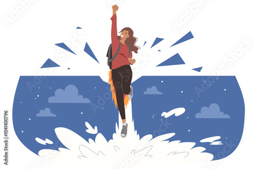 Ambitious woman with leadership potential flies up through night sky, using jetpack. Ambitious girl strives to achieve success in life and easily overcome difficulties and obstacles along way.
